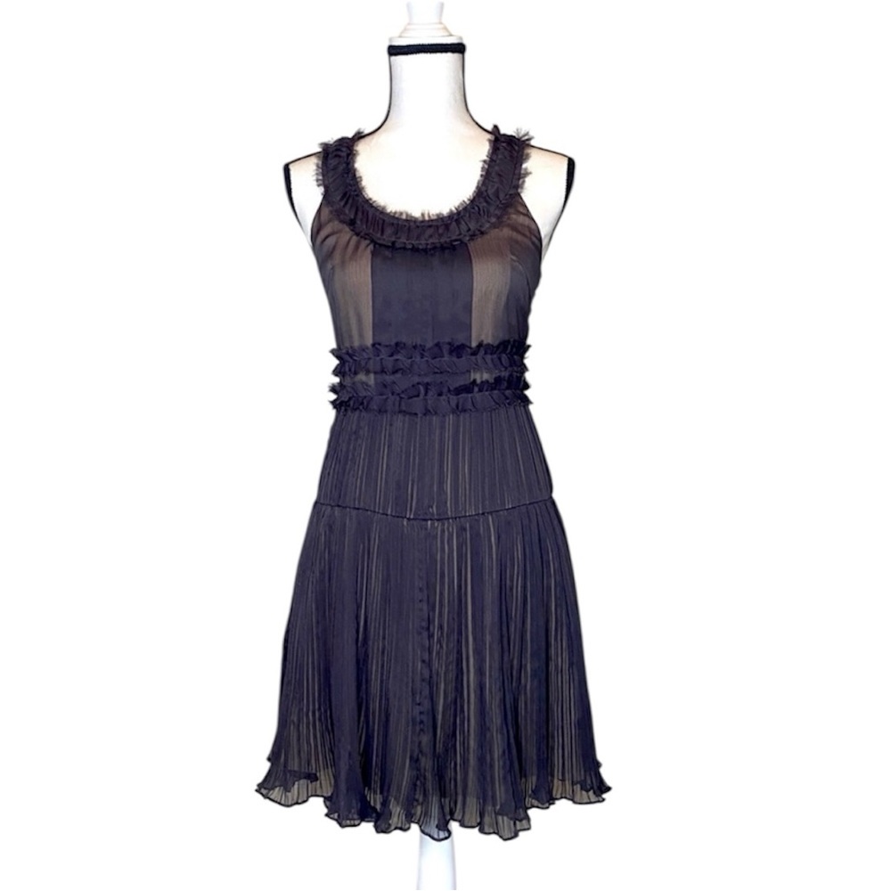 Mc Ginn Pleated Ruffle Trim Chiffon Sleeveless Cocktail Dress Size 4